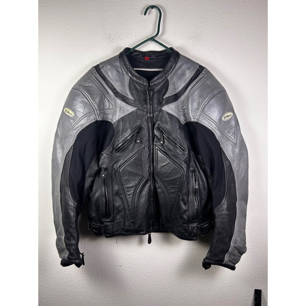First Racing Mens XL Leather Motorcycle Jacket Black Silver Padded Armor Biker